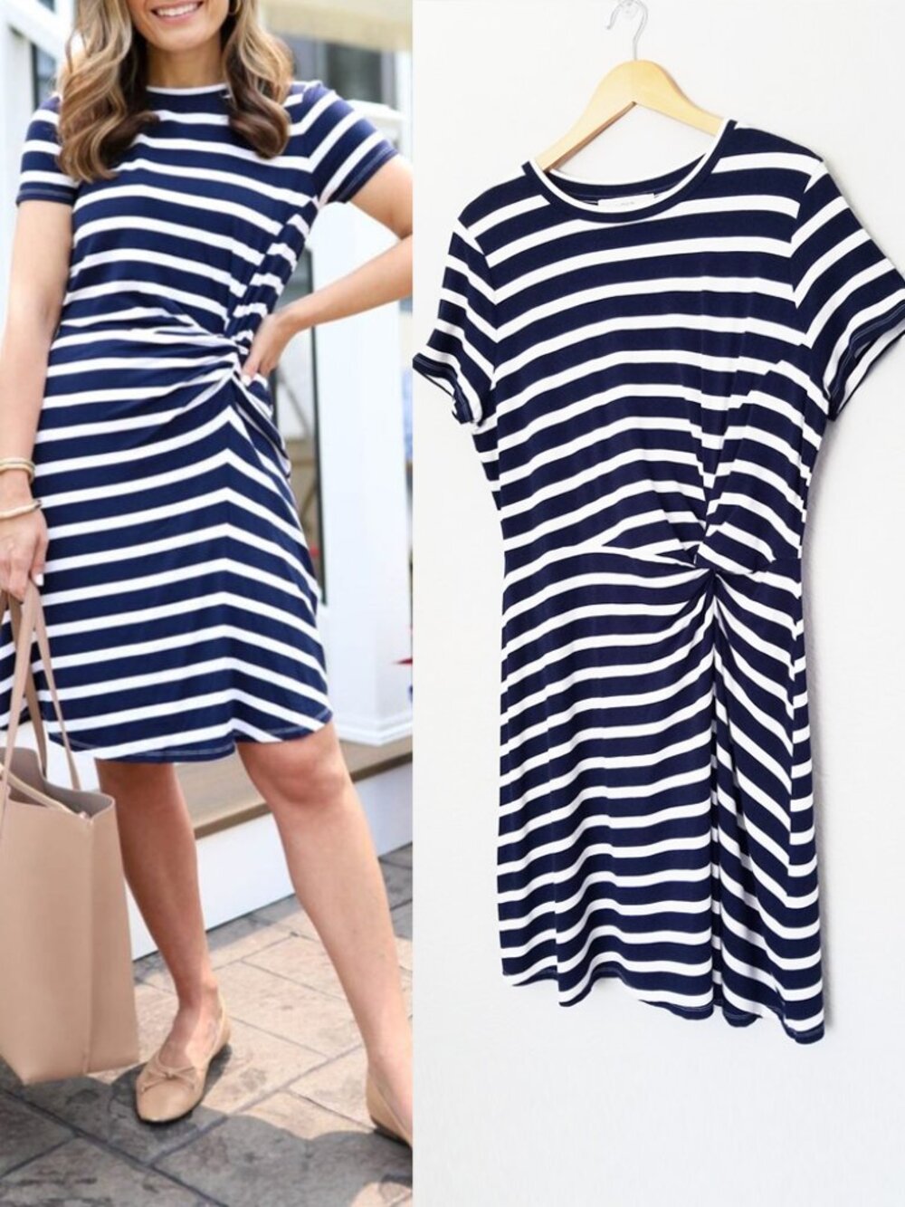 LOFT Navy Blue White Striped Twist Front T Shirt Dress Short Sleeve Crew Size L